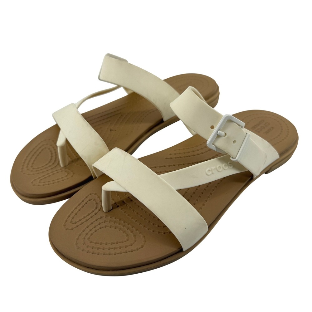 Crocs Tulum Toe Post Sandal White Tan Women 8 Strappy Slip On Flip Flop Casual